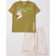 Комплект для мальчика артикул DMB 7469 размер 34/134-44/164 (футболка+шорты) цвет хаки
