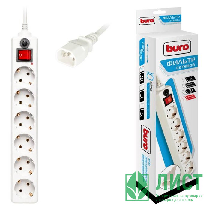 Сетевой фильтр BURO 600SH-1.8-UPS-W, 1.8м, белый ( 6 розеток)