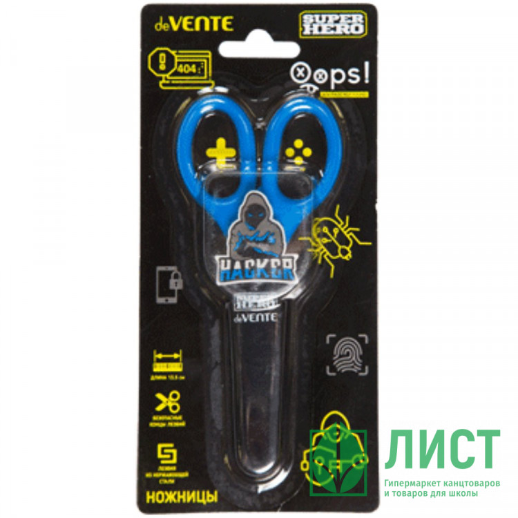 Ножницы детские 135мм пластиковые ручки (deVENTE) SuperHero. Assassin черные с синим защитный футляр арт.8010330