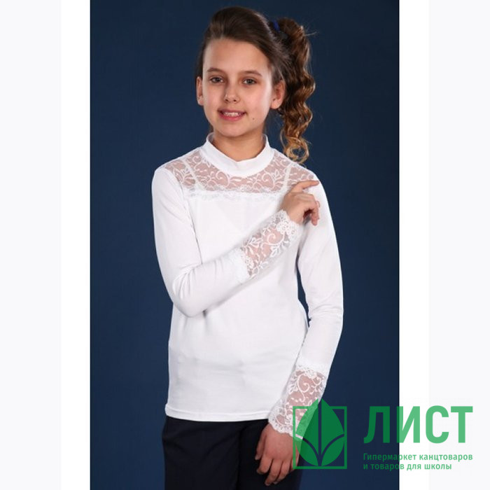 Джемпер для девочки трикотажный (Ликру) длинный рукав цвет белый арт.1014 Кружевница размерный ряд 32/128-36-140