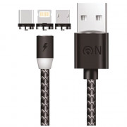 Кабель USB - 8 pin,Type-C FaisON FS-K-788 TRES,1.0м,круглый,2.1A,нейлон,3 в 1,магнит,цв.чёрный