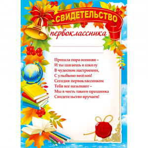 1 СЕНТЯБРЯ Диплом Первоклассник арт.044.164