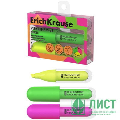Маркер флуорисцентный ErichKrause Visioline V-23 Neon 0,6-4,5мм 3 штуки желтый/зеленый/розовый арт.63553 (Ст.) Маркер флуорисцентный ErichKrause Visioline V-23 Neon 0,6-4,5мм 3 штуки желтый/зеленый/розовый арт.63553 (Ст.)