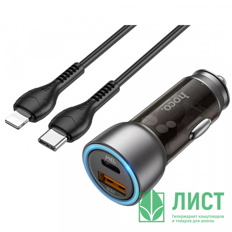 Блок питания автомобильный 1 USB 3.0, Type-C HOCO NZ8, Sprinter, 43Вт, QC3.0, PD, кабель Type-C-8-pin, цвет: коричневый