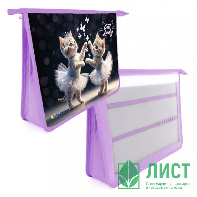 Папка школьная для труда А4 на молнии 2 отделения (Оникс) Cat ballet арт ПТ-Р13