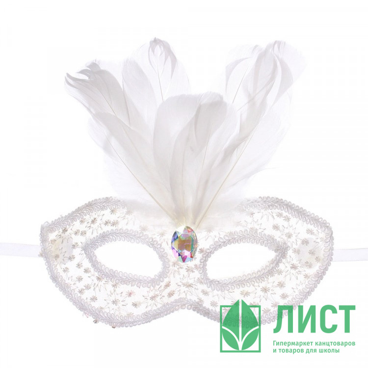 Маска карнавальная на глаза пластик/перья "Снежная королева" цв.белый арт.771-139