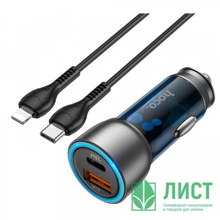 Блок питания автомобильный 1 USB 3.0, Type-C HOCO NZ8, Sprinter, 43Вт, QC3.0, PD, кабель Type-C-8-pin, цвет: синий
