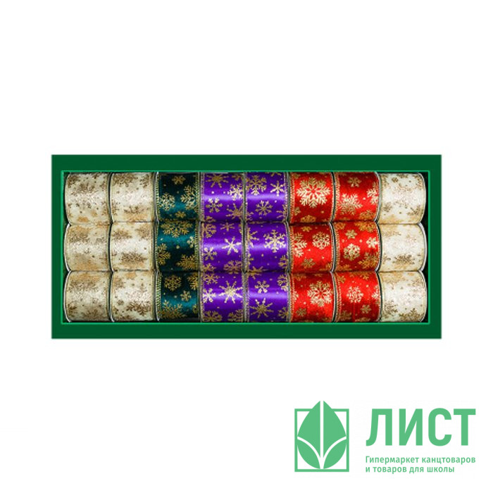 Лента новогодняя полиэстер на леске 6,5*500см "Золотые снежинки" цв.микс арт.R234