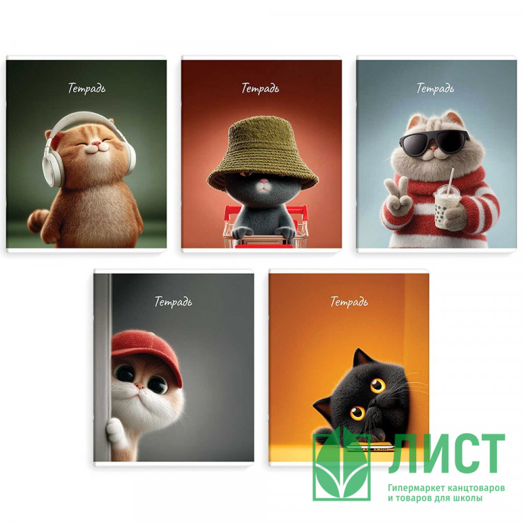 Тетрадь А5 клетка 48 листов скоба (Феникс) Современные коты выборочный твин-лак ассорти арт.70922