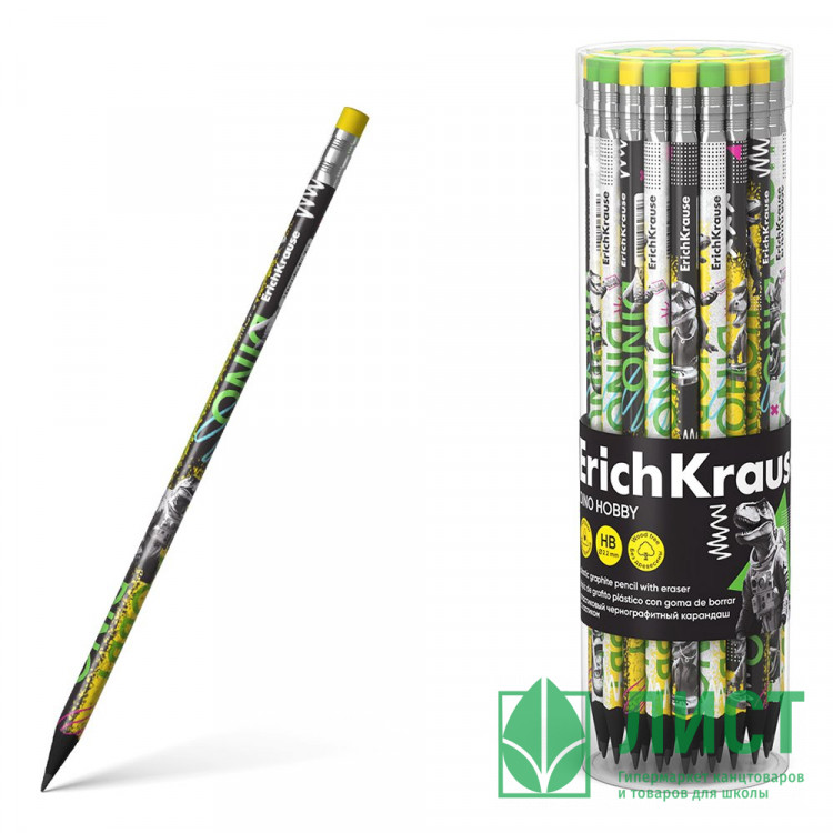 Карандаш чернографитный ErichKrause с ластиком Dino Hobby HB трехгранный корпус арт.62774 (Ст.42)