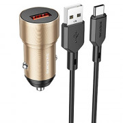 Блок питания автомобильный 1 USB Borofone BZ19A, Wisdom, 18Вт, QC3.0, кабель Type-C, цвет: золотой