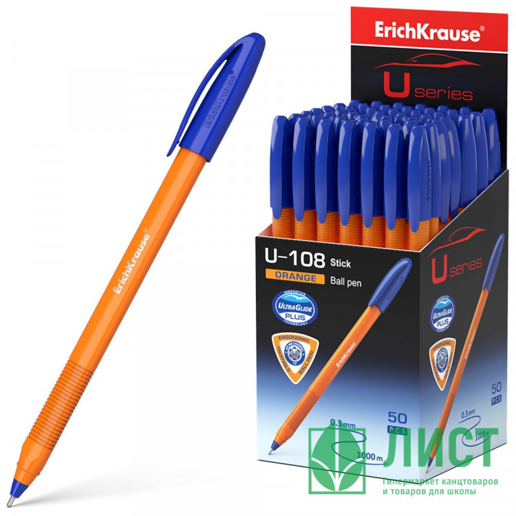 Ручка шар. н/проз.корп. (ErichKrause) U-108 Orange синий, 1мм, игла арт.47582 (Ст.50)