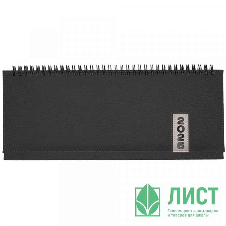 Планинг датированный 2026 "deVENTE. Vertical" (310 ммx145 мм) 128 стр, белая бумага 70 г/м², печать в 2 краски, твердая обложка из искусственной кожи с поролоном, отстрочка, термо тиснение, евро спираль, в термоусадочной пленке, черный