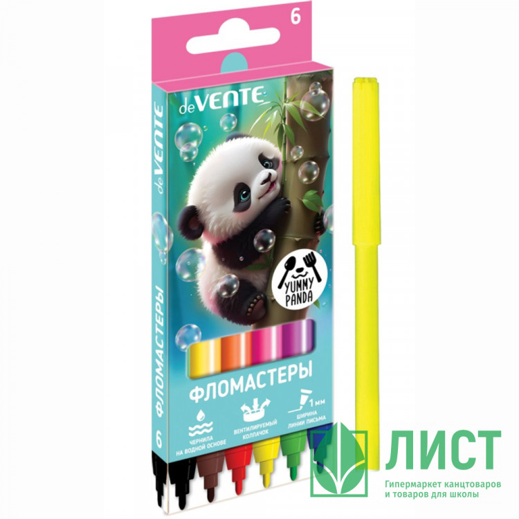 Фломастеры (deVENTE) Yummy Panda 6 цветов вентилируемый колпачок картонная коробка арт.5080531