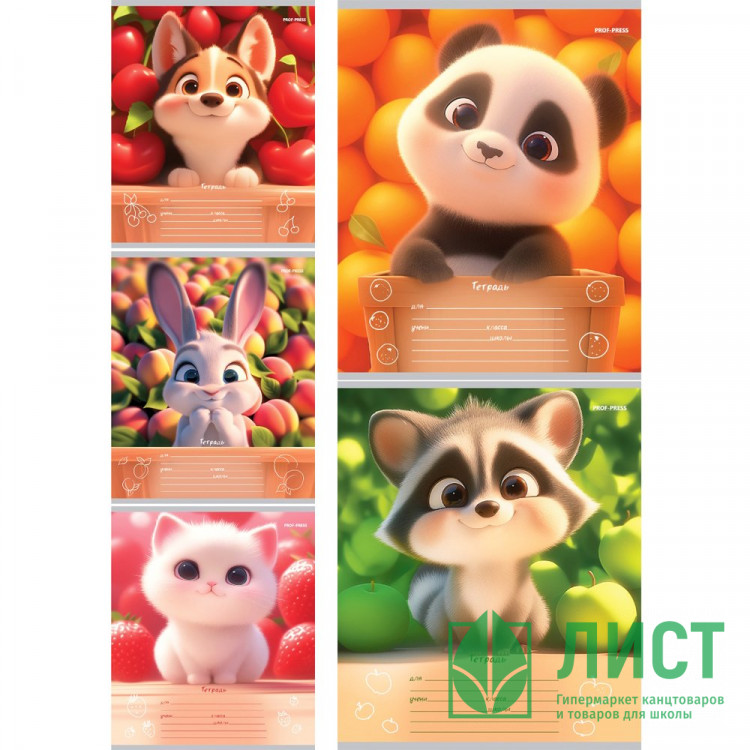 Тетрадь 12 листов косая линия (Prof-Press) Забавные животные цветная мелованная обложка ассорти арт.12-4464