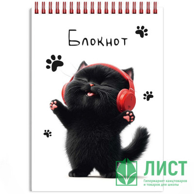 Блокнот А6 мягкая обложка на гребне 80 листов (Hatber) Котенок в наушниках сплошной глянцевый УФ-лак арт.70972 Блокнот А6 мягкая обложка на гребне 80 листов (Hatber) Котенок в наушниках сплошной глянцевый УФ-лак арт.70972