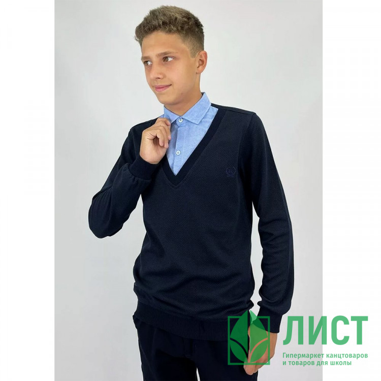 Джемпер-обманка для мальчика (UNIKKIDS) арт.UK-1026 размерный ряд 30/122-46/170 цвет темно-синий с голубым воротом