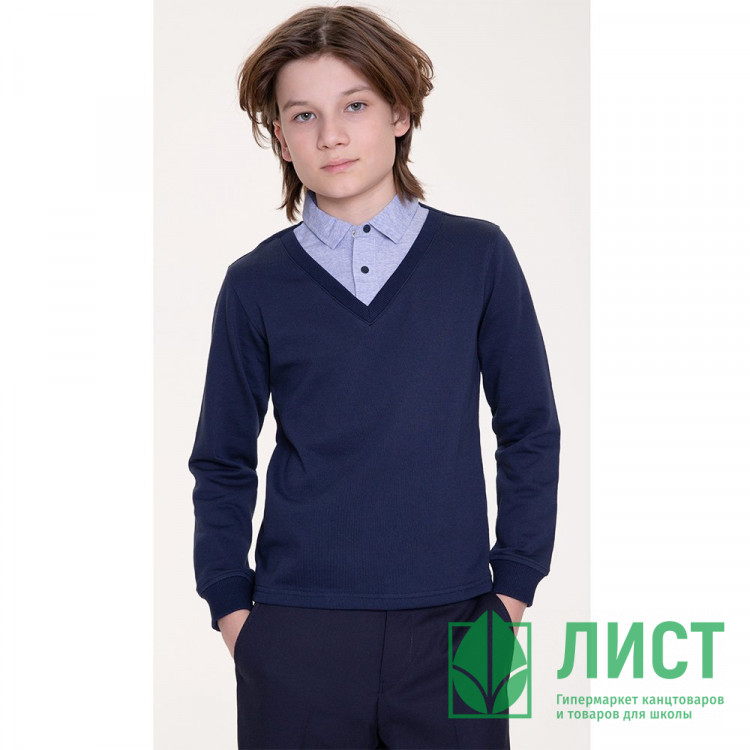 Джемпер-обманка для мальчика (BROSTEM) арт.SW204-150 размерный ряд 34/128-46/164 цвет темно-синий с голубым воротом