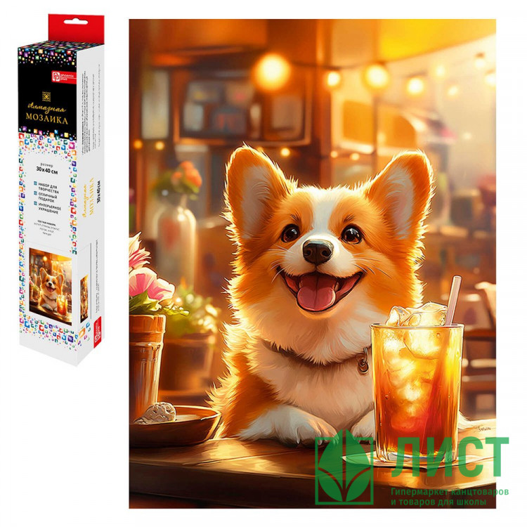 Алмазная мозаика 30х40см (Феникс) Корги с лимонадом без подрамника полное заполнение арт.70818