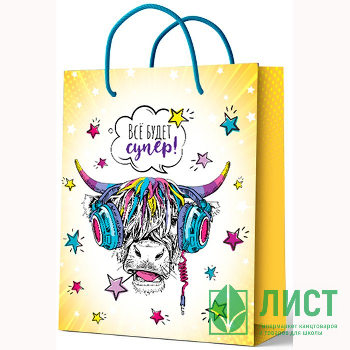 Пакет подарочный 32*26см бумажный "Крутой бык Буян" арт.230-044
