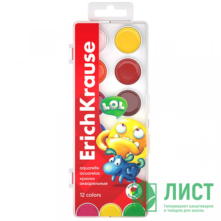 Акварель 12 цветов (ErichKrause) Jolly Friends пластиковая коробка без кисти арт 61366