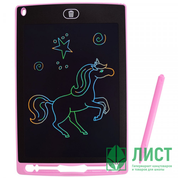 Планшет для рисования 10 дюймов 265x170 мм (deVENTE) розовый стилус в комплекте безопасный для глаз разноцветный LCD экран, режим "от случайного стирания" арт.8174405