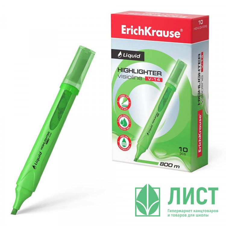 Маркер флуорисцентный ErichKrause Liquid Visioline V-14 Neon 0,6-4мм скош. зеленый арт.56028 (Ст.12)