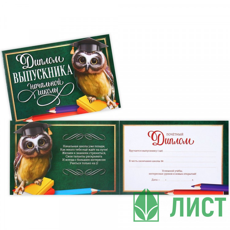 ВЫПУСКНОЙ Диплом Выпускника начальной школы учёная сова А5 арт.4660041
