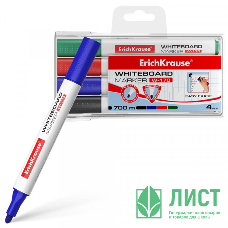 Маркер для доски ErichKrause W-170 набор 4 штуки трехгранн ый 2мм 4 шт черн/син/красн/зелен арт.13047 (Ст.4)