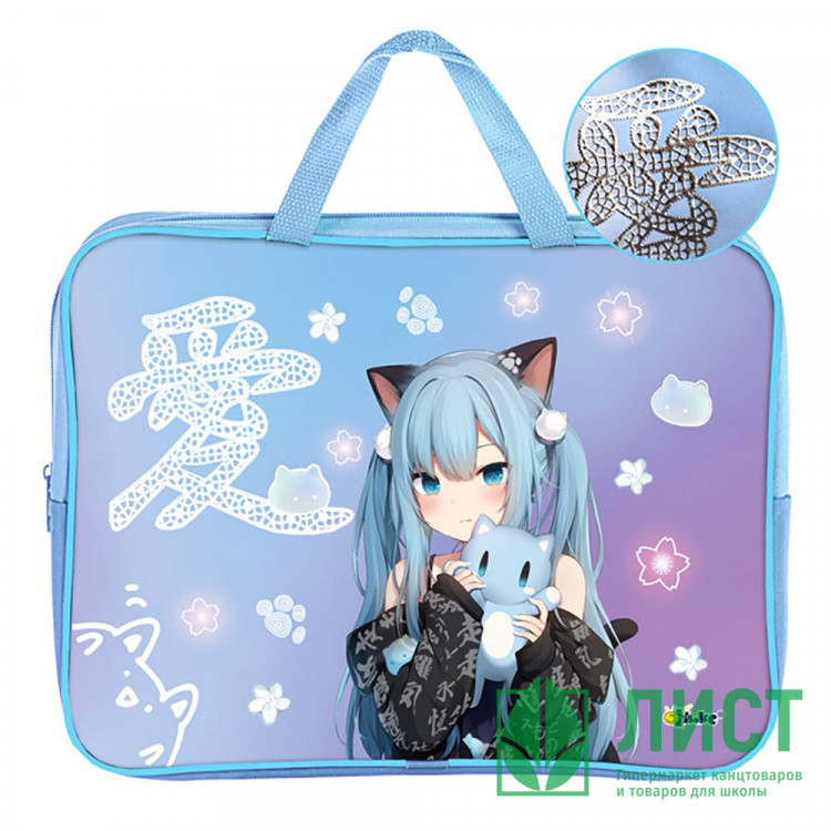 Папка А4 текстиль на молнии ручка-тесьма широкая боковинка (Оникс) Аниме Нэко фольга арт. ПМД 4-22