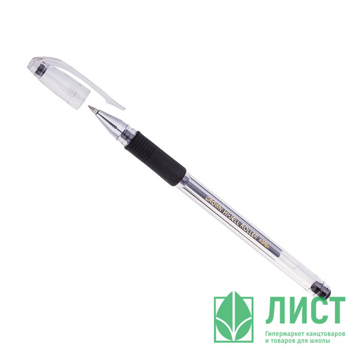 Ручка гелевая  прозрачный корпус  резиновый упор CROWN черный, конус, 0,5мм арт.HJR-500R (Ст.12)