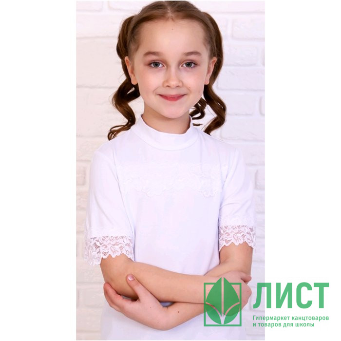 Джемпер для девочки трикотажный (Ликру) короткий рукав цвет белый арт.0228 ФРЕДЕРИКА размерный ряд 32/128-42/164