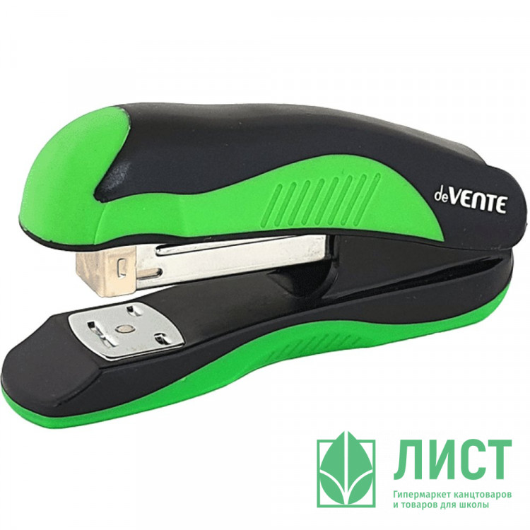 Степлер №24/6&26/6 (20л) пластиковый с каучуковой вставкой deVENTE Монохром (Monochrome) черный с неоновым зеленым арт.4142000