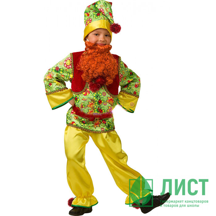 Костюм для мальчика Гномик сказочный (рубаха,жилет,брюки,колпак,пояс, борода) р.26/104-38/146 арт.5204