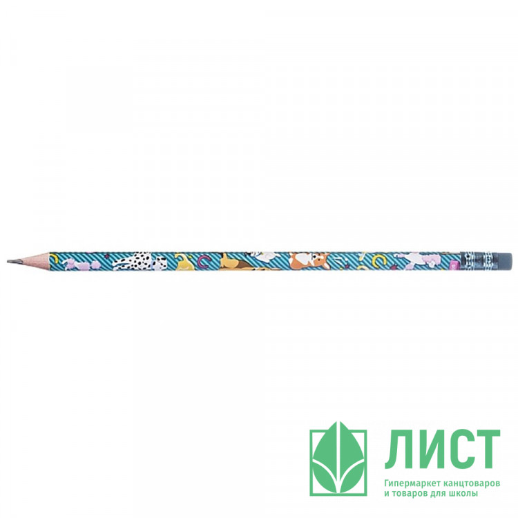 Карандаш чернографитный  Hatber с ластиком HB PetZone круглый корпус арт.	BL_079536 (Ст.72)