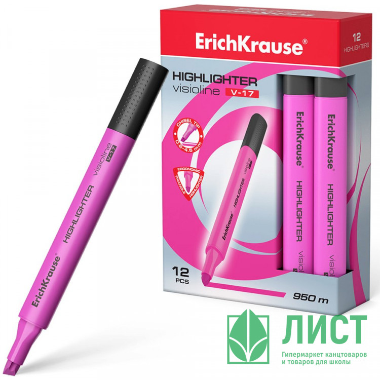 Маркер флуорисцентный ErichKrause  Visioline V-17 0,6-4,5мм скош. розовый арт.56702 (Ст.12)