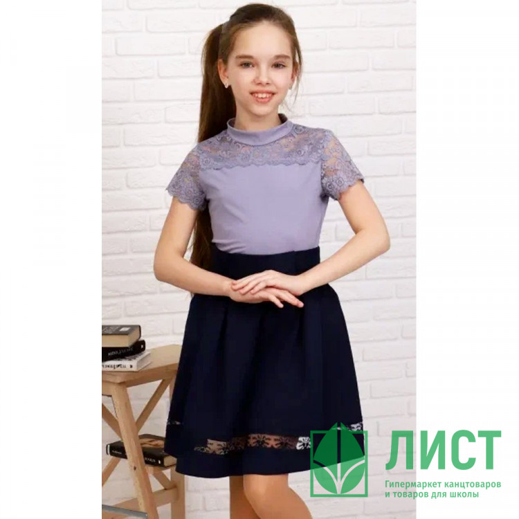 Джемпер для девочки трикотажный (Ликру) короткий рукав цвет серый арт.7052 КАМЕЛИЯ размерный ряд 32/128-36/140