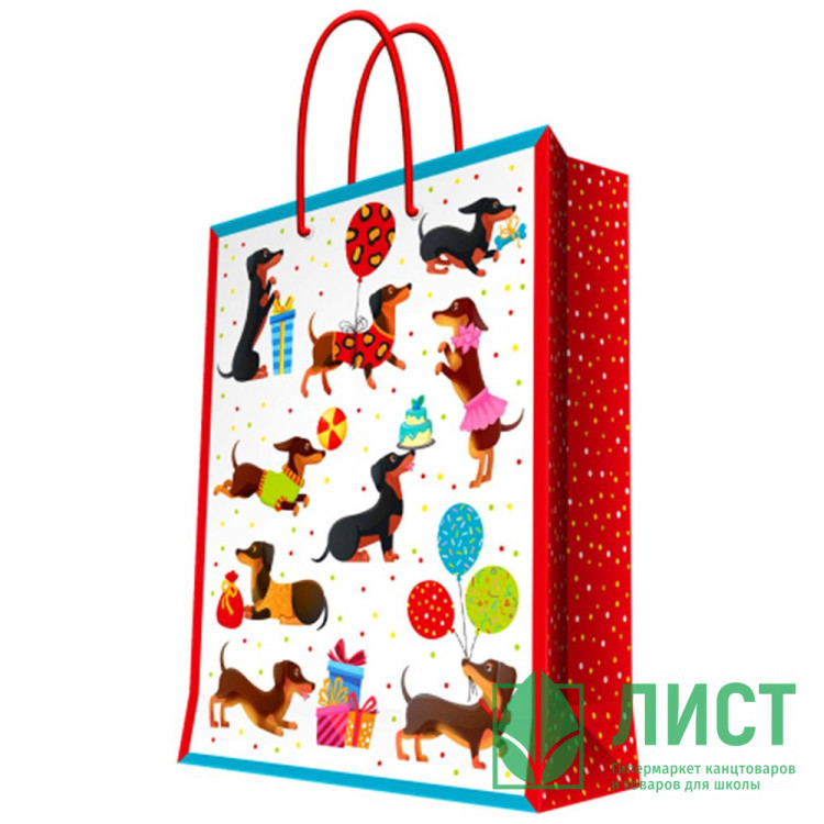Пакет подароч. бумаж. 26*32,4см "Такса с подарками и шарами" арт.90152