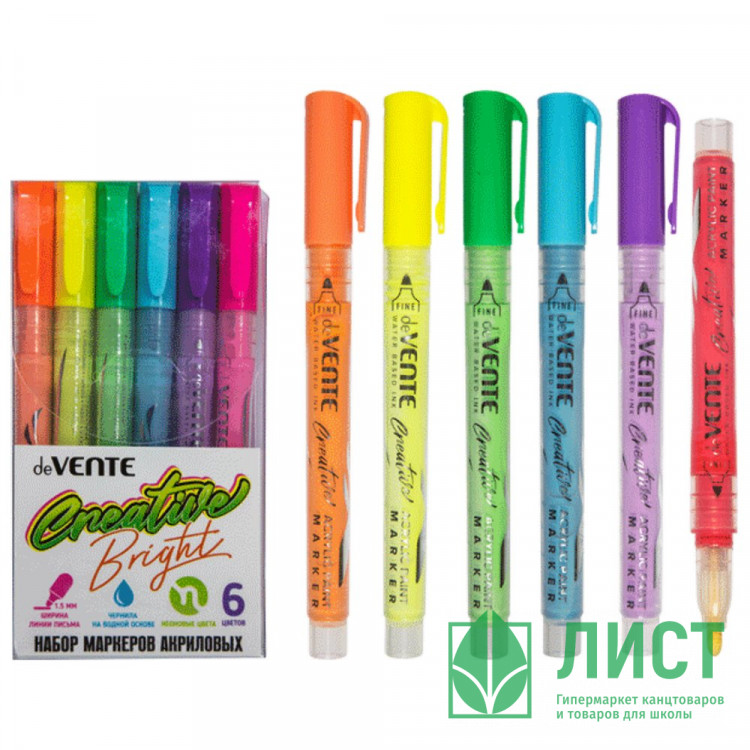 Маркеры для скетчинга акриловые (deVENTE) HOBBY CREATIVE Bright 6 цветов неоновые цвета пулевидный наконечник пластиковая упаковка арт 5044303
