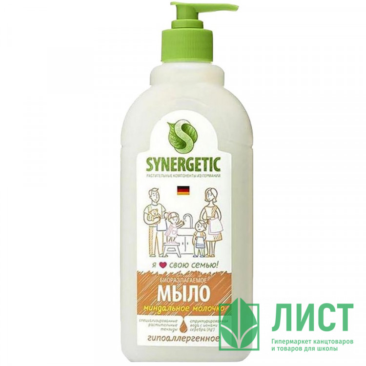 Мыло жидкое для рук и тела  500мл дозатор Synergetic миндальное молочко арт.105058/6 (Ст.6)