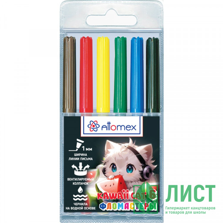 Фломастеры (Attomex) Kawaii 6 цветов вентилируемый колпачок, пластиковый блистер арт.5080536