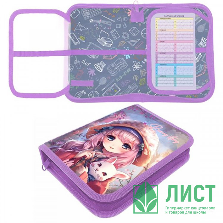 Пенал 1 отделение с 2 откидными планками (Оникс) ПКТ 09-20-1 Аниме с зайкой Maxi 200х140х40мм ткань