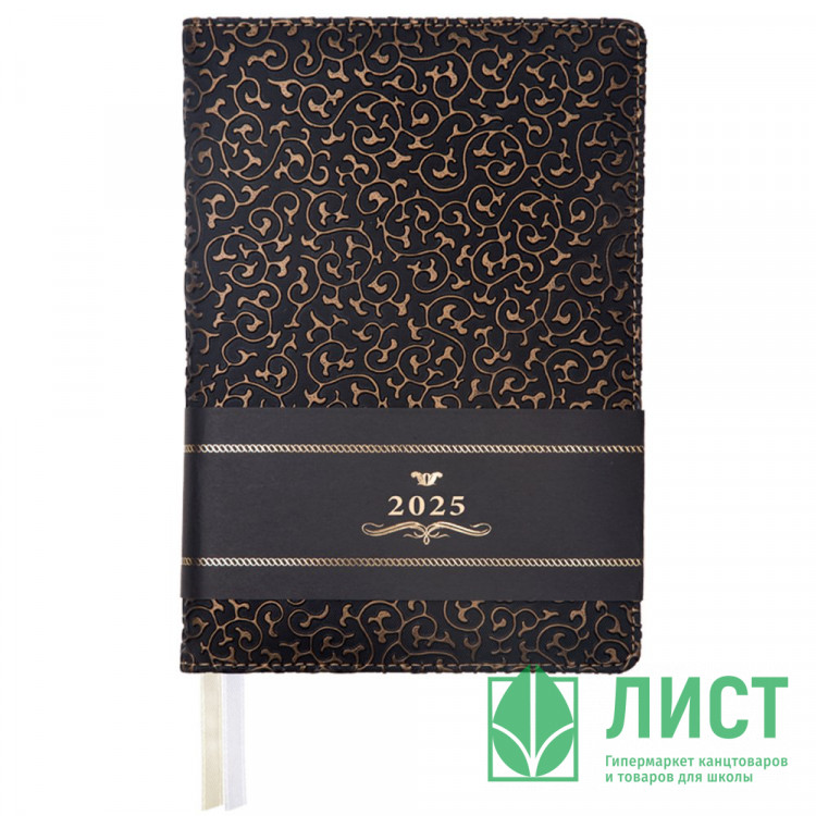 Ежедневник недатированный "deVENTE. Arcadia" A5 (145 ммx205 мм) 272 стр, белая бумага 70 г/м², печать в 2 краски, твердая обложка из искусственной кожи с поролоном, отстрочка, перфорация, закругленные уголки, 2 ляссе, в термоусадочной пленке, черный с чер