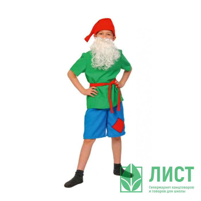 Костюм М (СКАЗКА) Гном Добряк (шорты,рубаха,колпак,борода,пояс) р.104-128 арт.5007