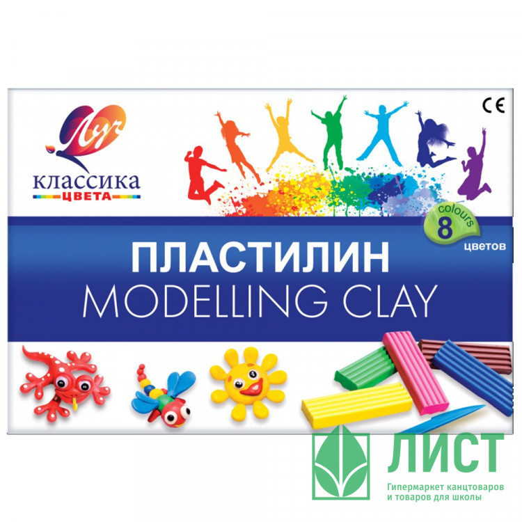Пластилин 8 цветов 160 грамм (ЛУЧ) КЛАССИКА со стеком картонная коробка арт 12С867-08