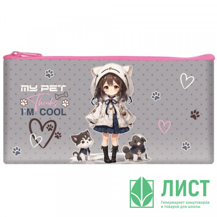 Пенал-косметичка 1 отделение плоский (ОНИКС) ПМП 17-20 Аниме с питомцами ткань