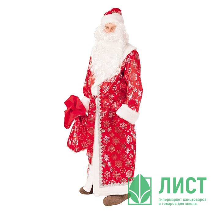 Костюм Дед Мороз красный (халат,шапка,борода,пояс,мешок,варежки) р.54-56 арт.3009 к-18