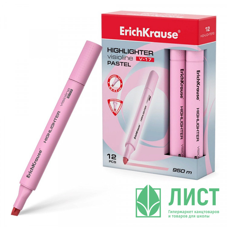 Маркер флуорисцентный ErichKrause Visioline V-17 Pastel скош. розовый арт.56021 (Ст.12)
