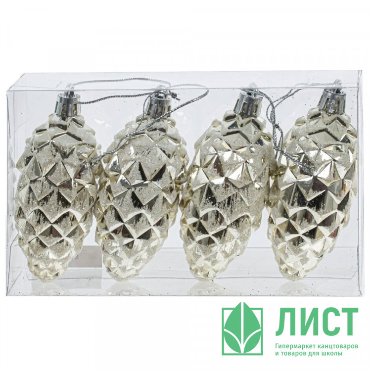 Фигурка на ёлку пластик 09см "Шишка" 04шт/наб. цв.белое золото арт.807900
