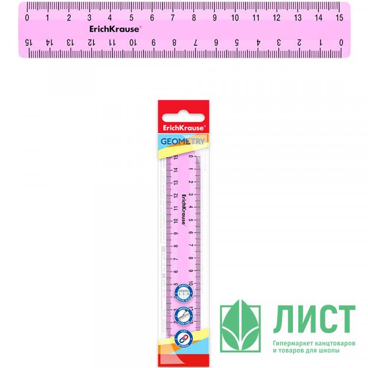 Линейка 15см пластиковая ErichKrause Pastel розовая арт.49535 (Ст.20)